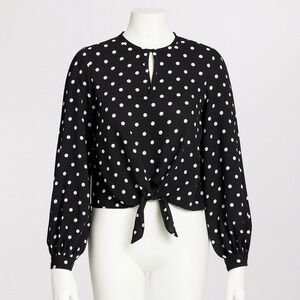Express Polka Dot‎ Tie Front Top Keyhole Blouse Petite XS Long Sleeve